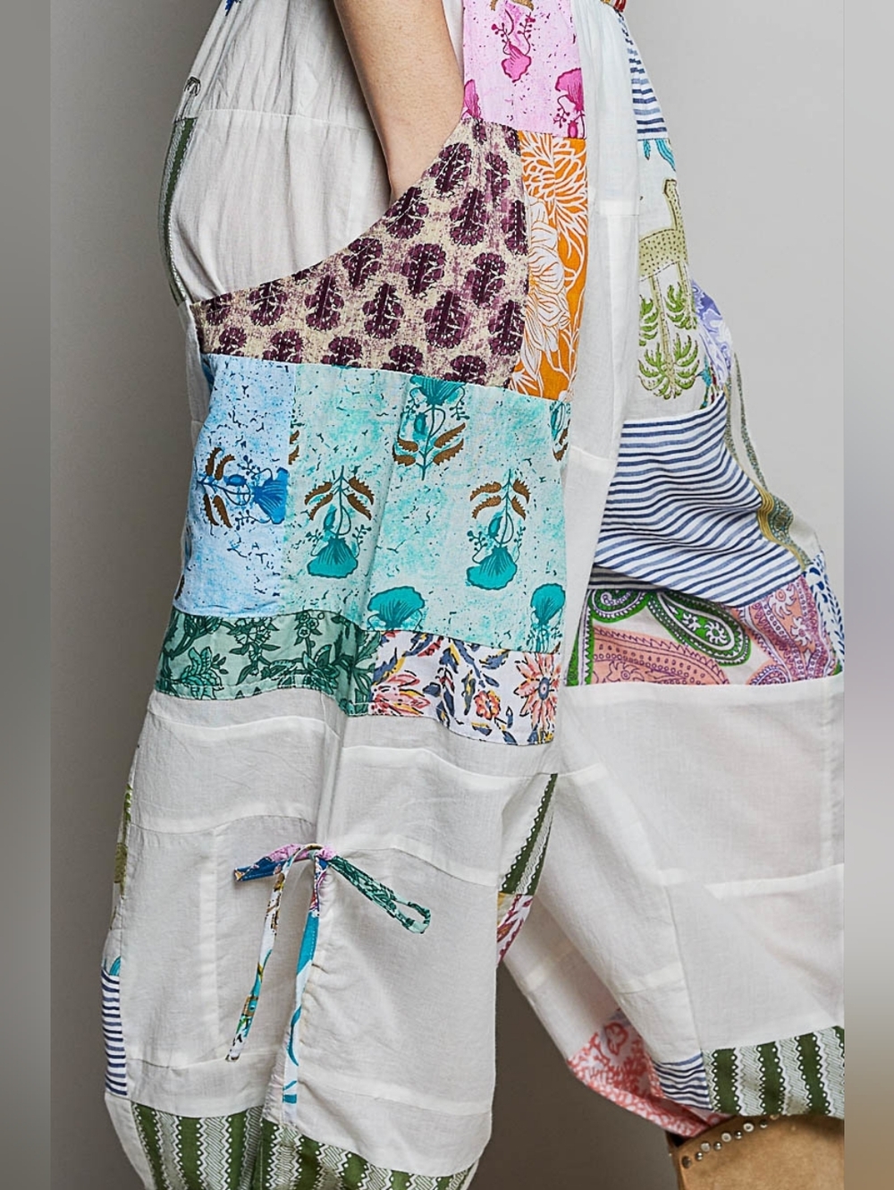 POL Printed Patchwork Wide Leg Pants with Adjustable Side Drawstring - Picture 3 of 8